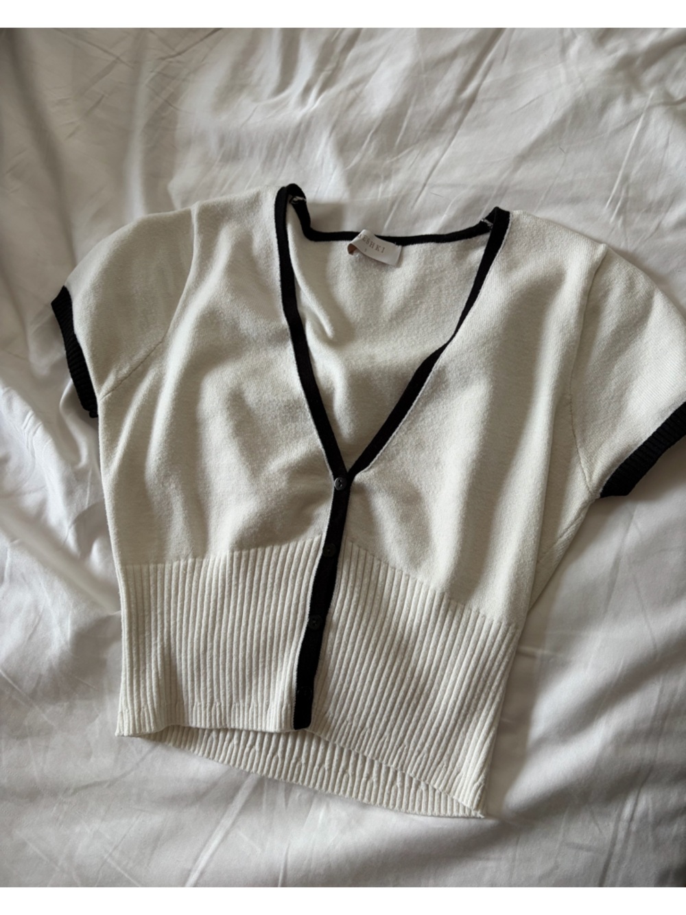 Meshki Cream Knit Cardigan with Black Trim